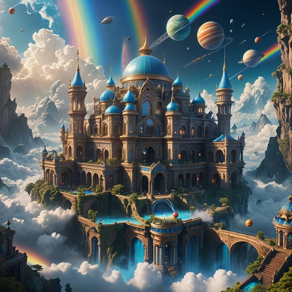Celestial Blue Palace Amidst Rainbows and Planets