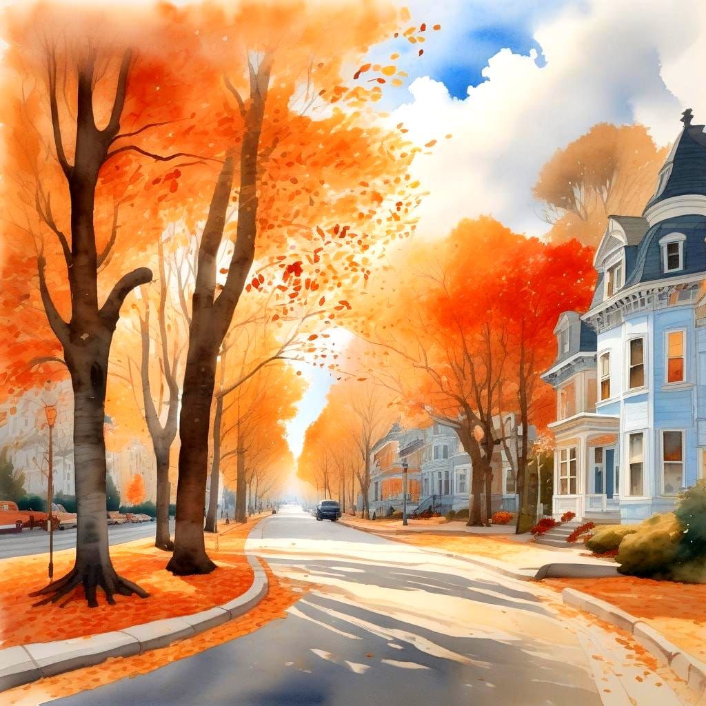 Autumn Street Scene in Watercolor Painting