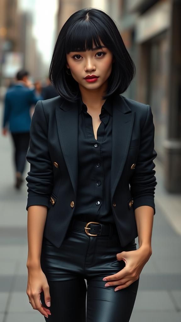 She is beautiful dressed in a short shirt blazer  black and ...