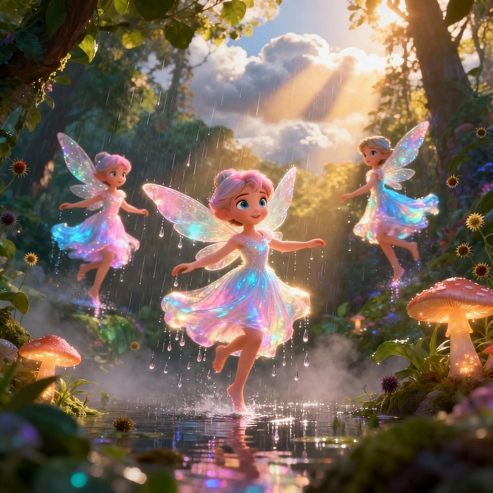 Fairies Dancing on Raindrops in Enchanted Forest