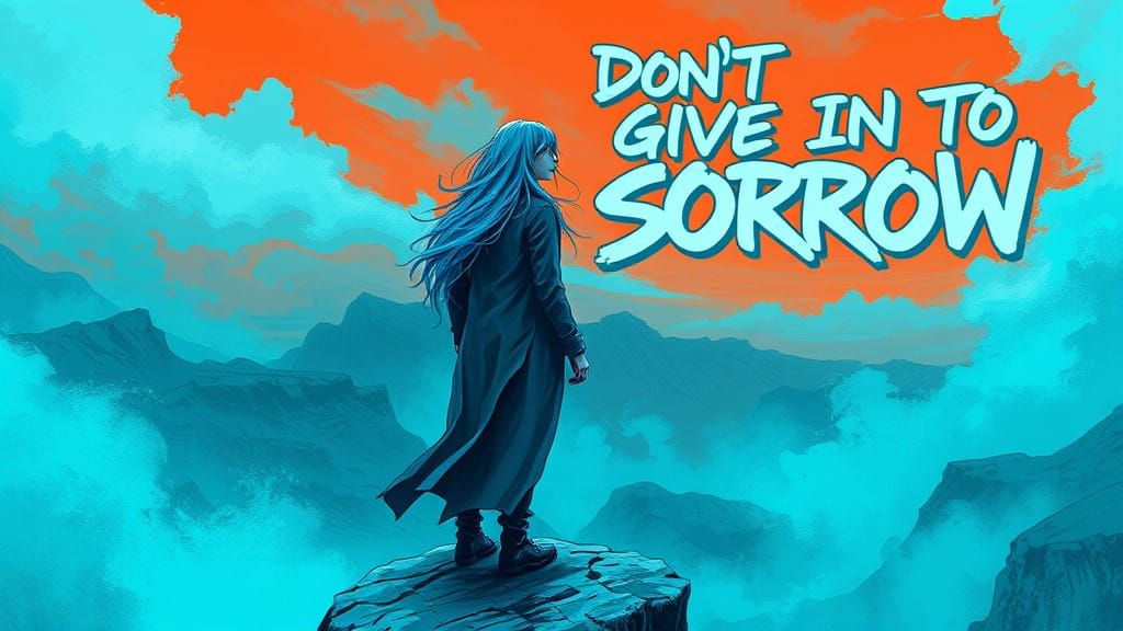 Neon Blue Figure on Cliff's Edge, Whispering Words of Hope