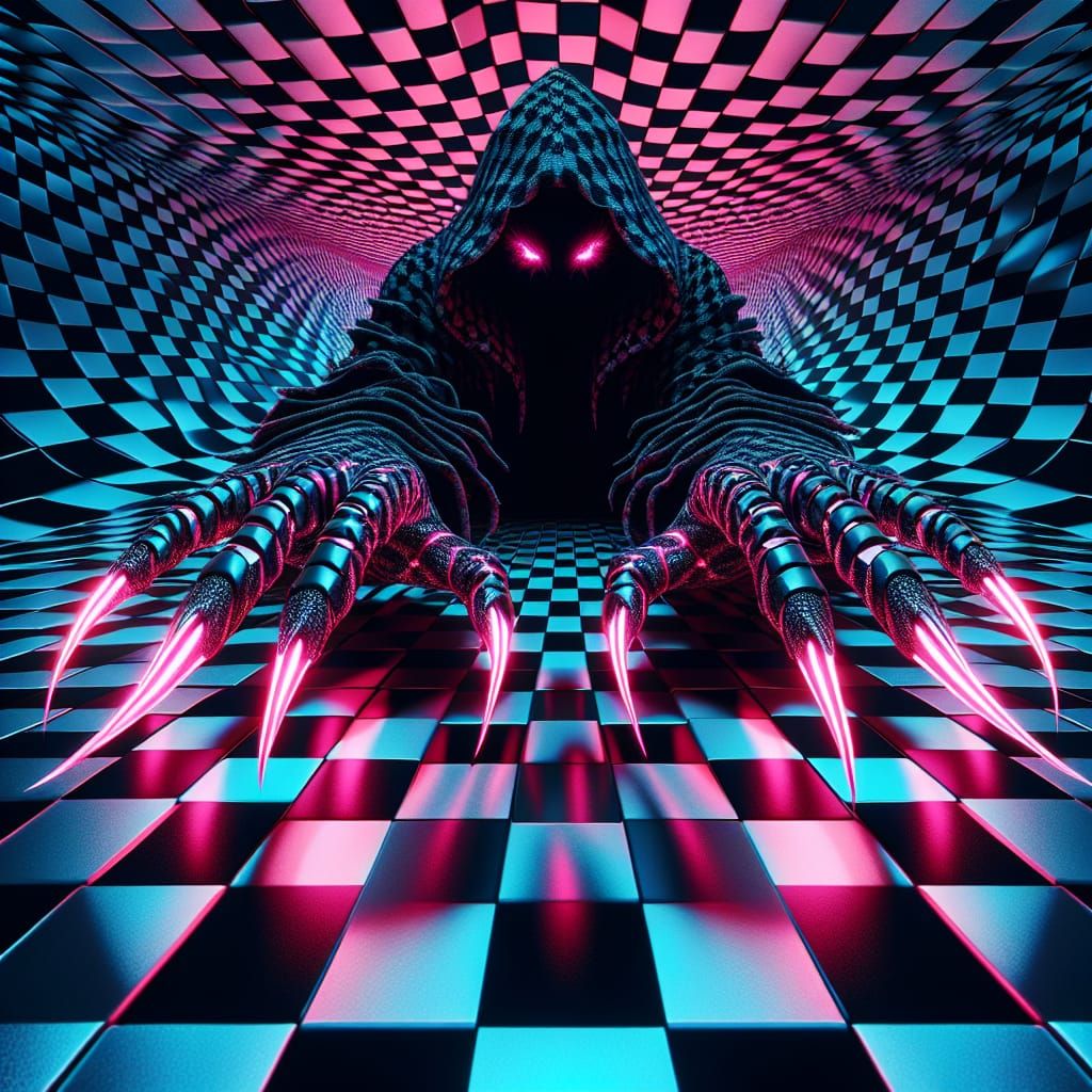 Surreal Cyberpunk Scene with Hooded Figure and Glowing Claws
