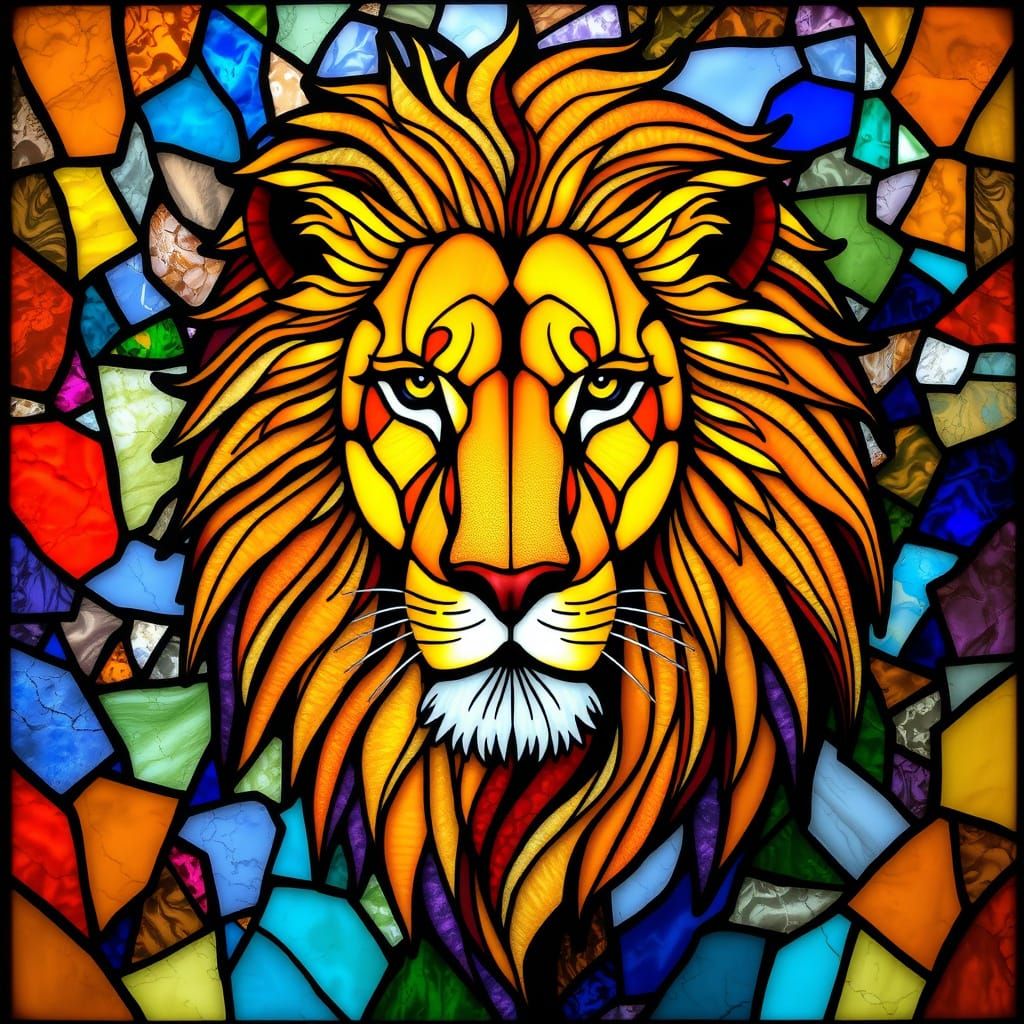 Lion with Golden Mane in Stained Glass Style