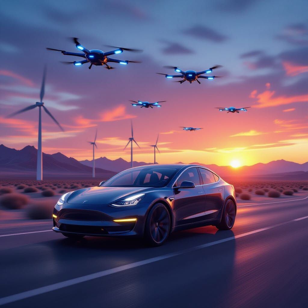 Tesla Model 3 Races Down Desert Highway at Sunset