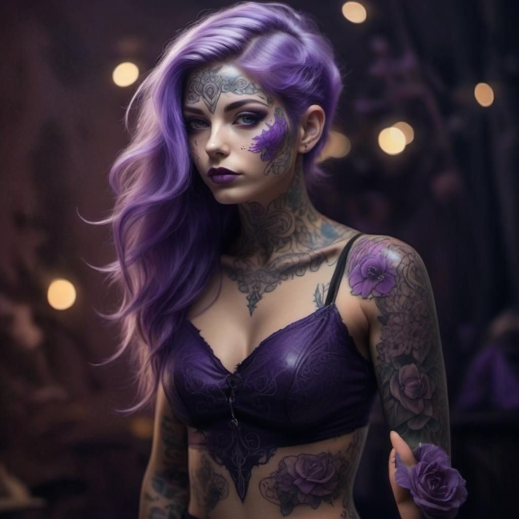 Tattooed Curvy Woman with Purple Hair: Bold Elegance
