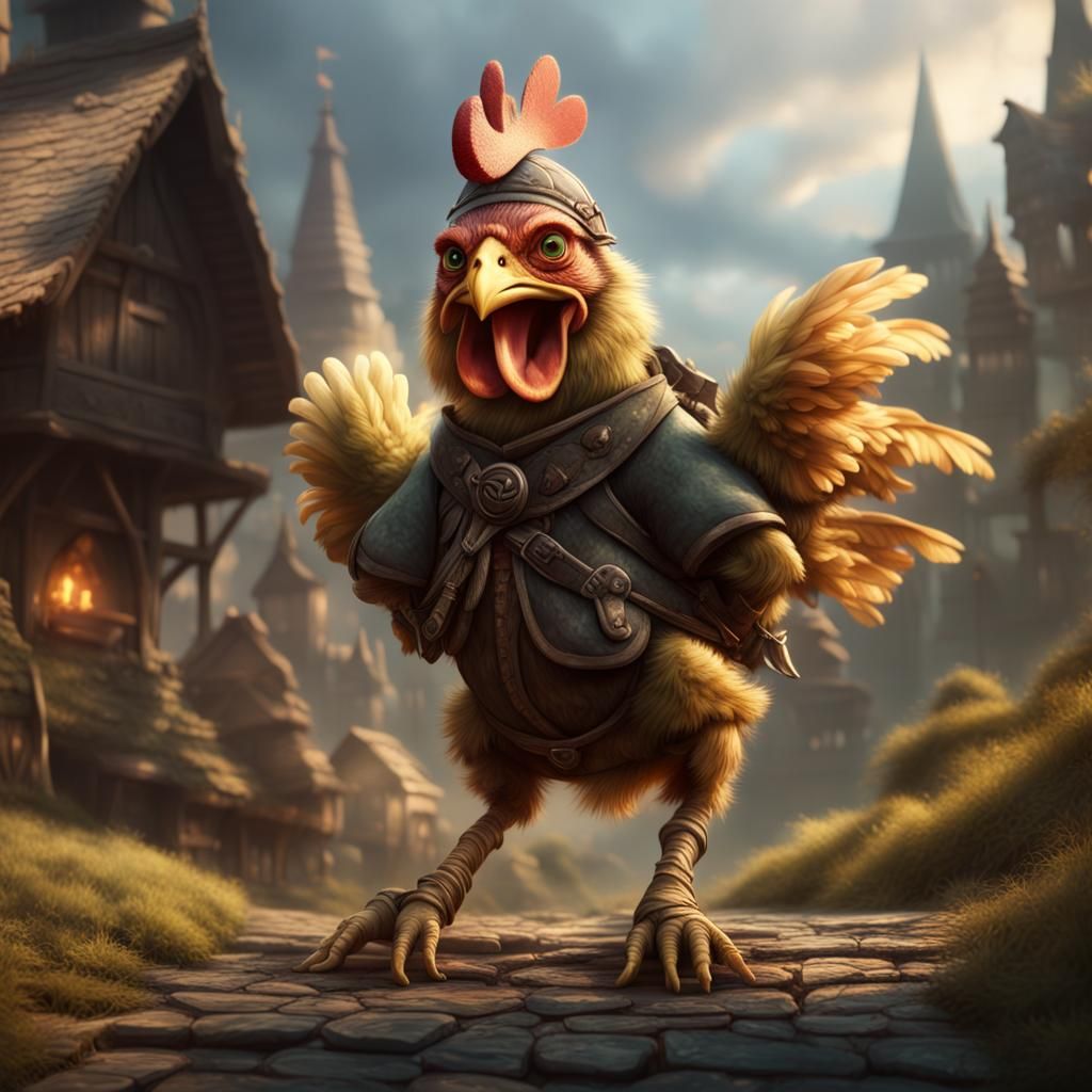 Goblin Rider on Giant Chicken in High Fantasy Style