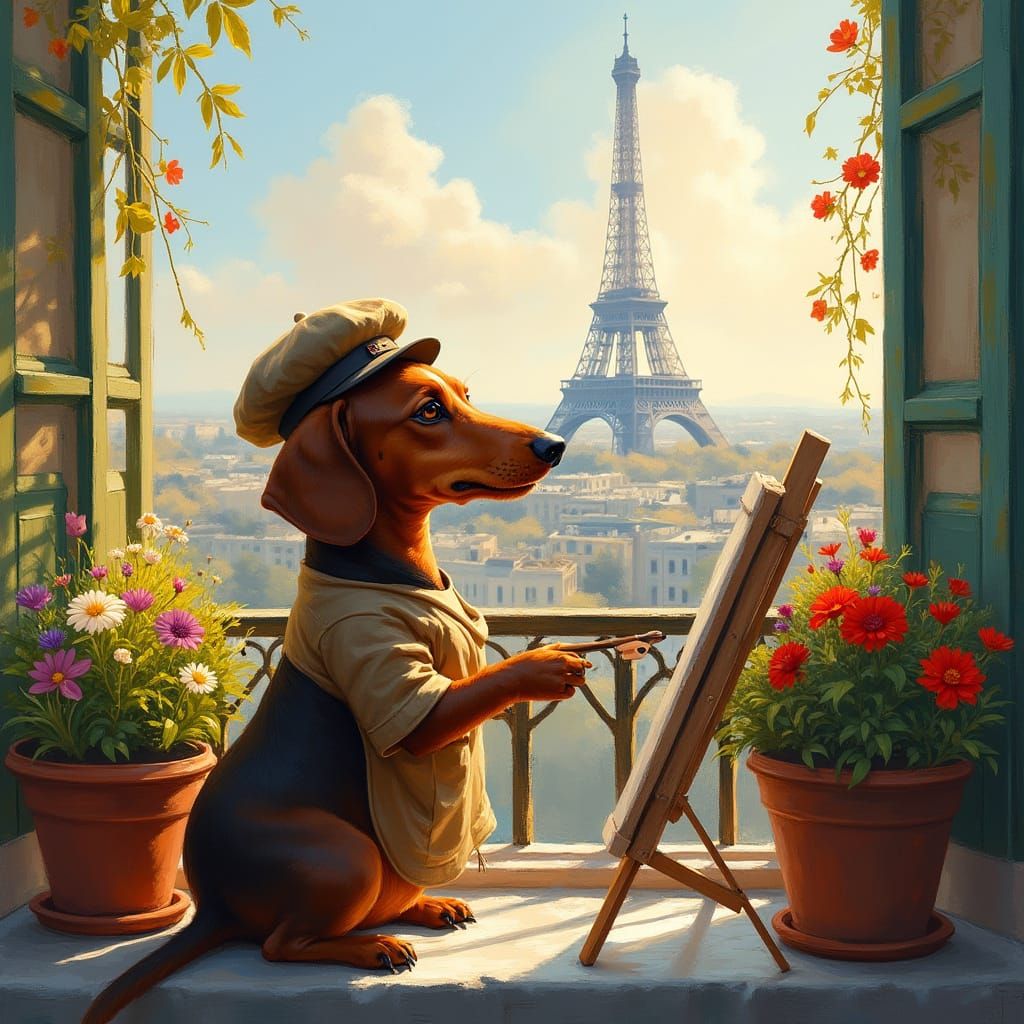 Dachshund Artist Paints Eiffel Tower in Impressionist Style