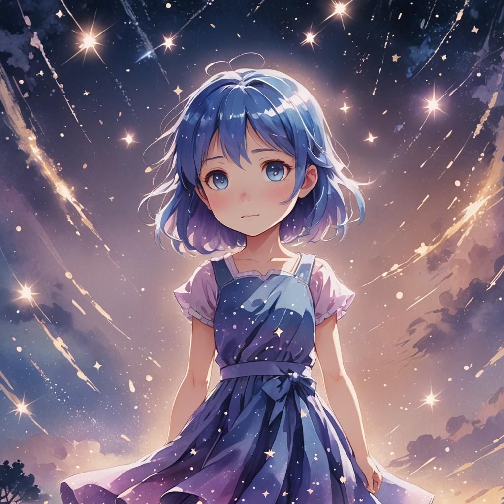 Chibi Girl with Glowing Hair in Anime Style