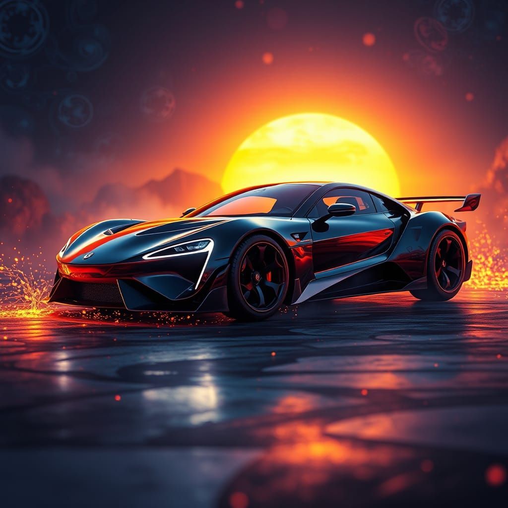 Sports Car in Mystical Sunset, Matte Painting