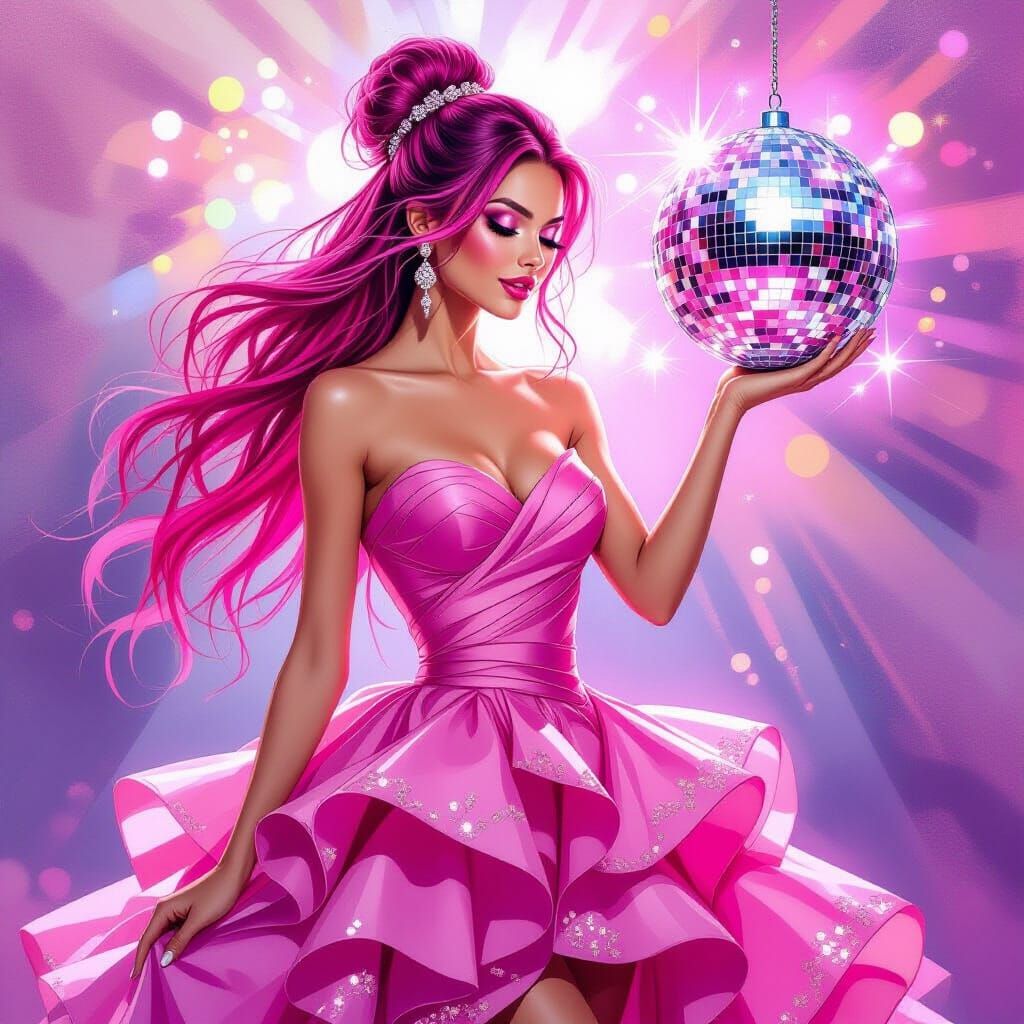 Glamorous Woman in Pink Dress with Disco Ball, Gouache Paint...