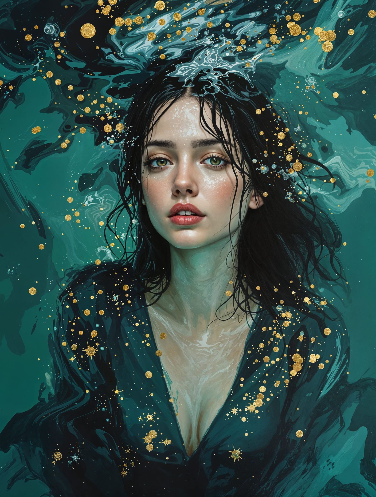 Ethereal Woman in Teal Water, Impressionistic Scene