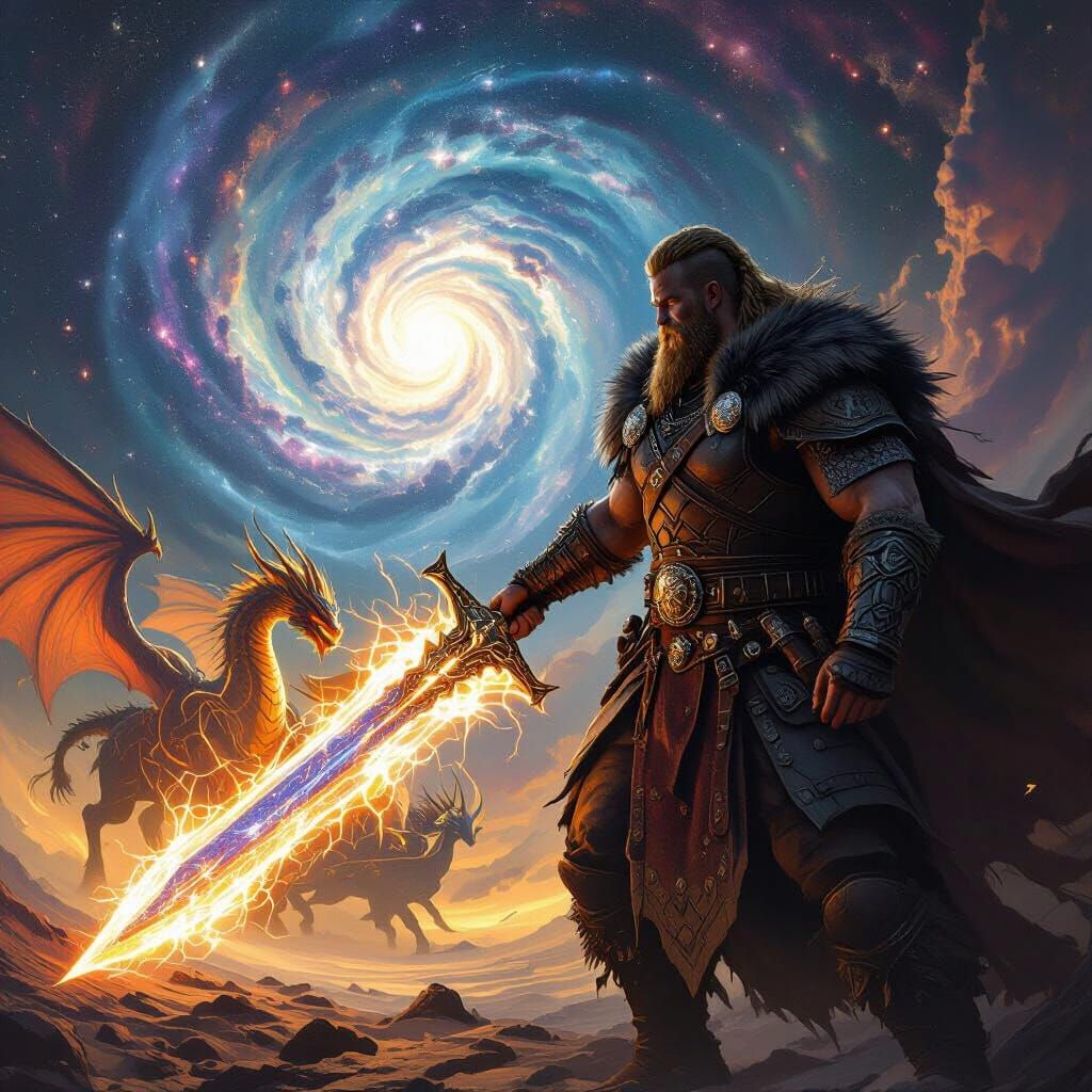 Viking Warrior Rides Celestial Chariot with Cosmic Sword
