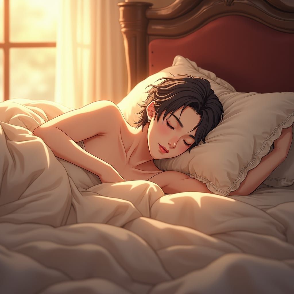 Anime Male Character Asleep in Plush Bed