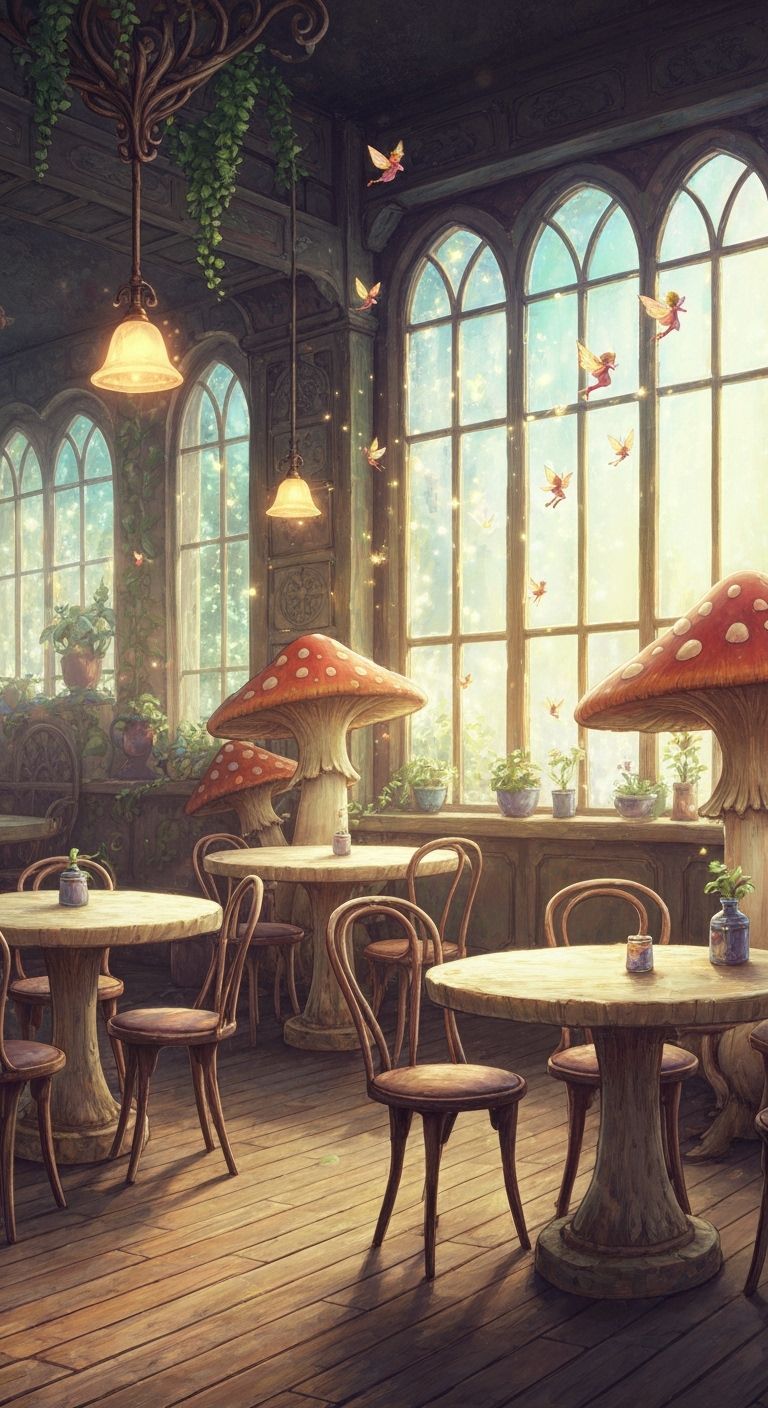 Magical Mushroom Cafe Interior with Fairies