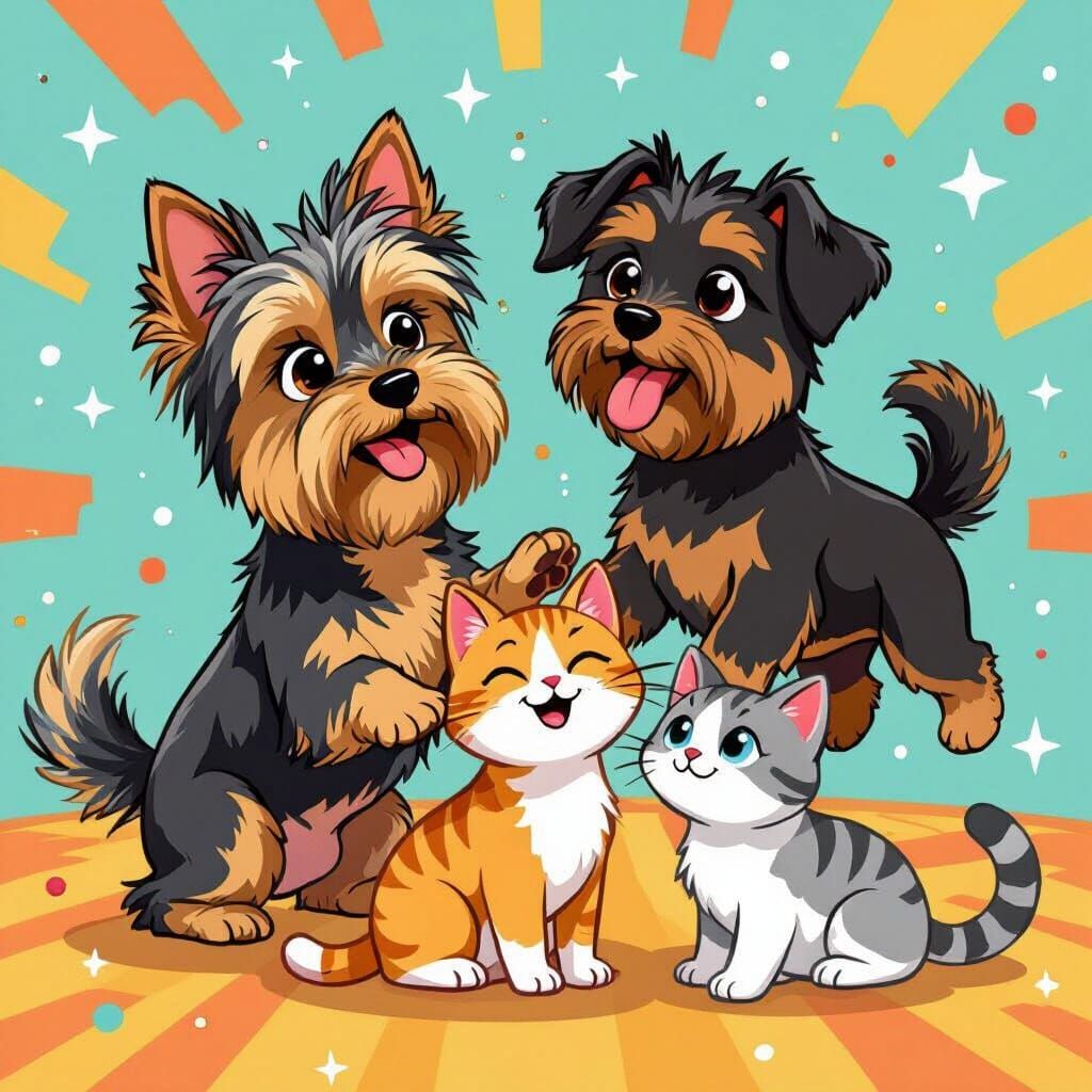 Dogs and Cats Play in Cartoon Style