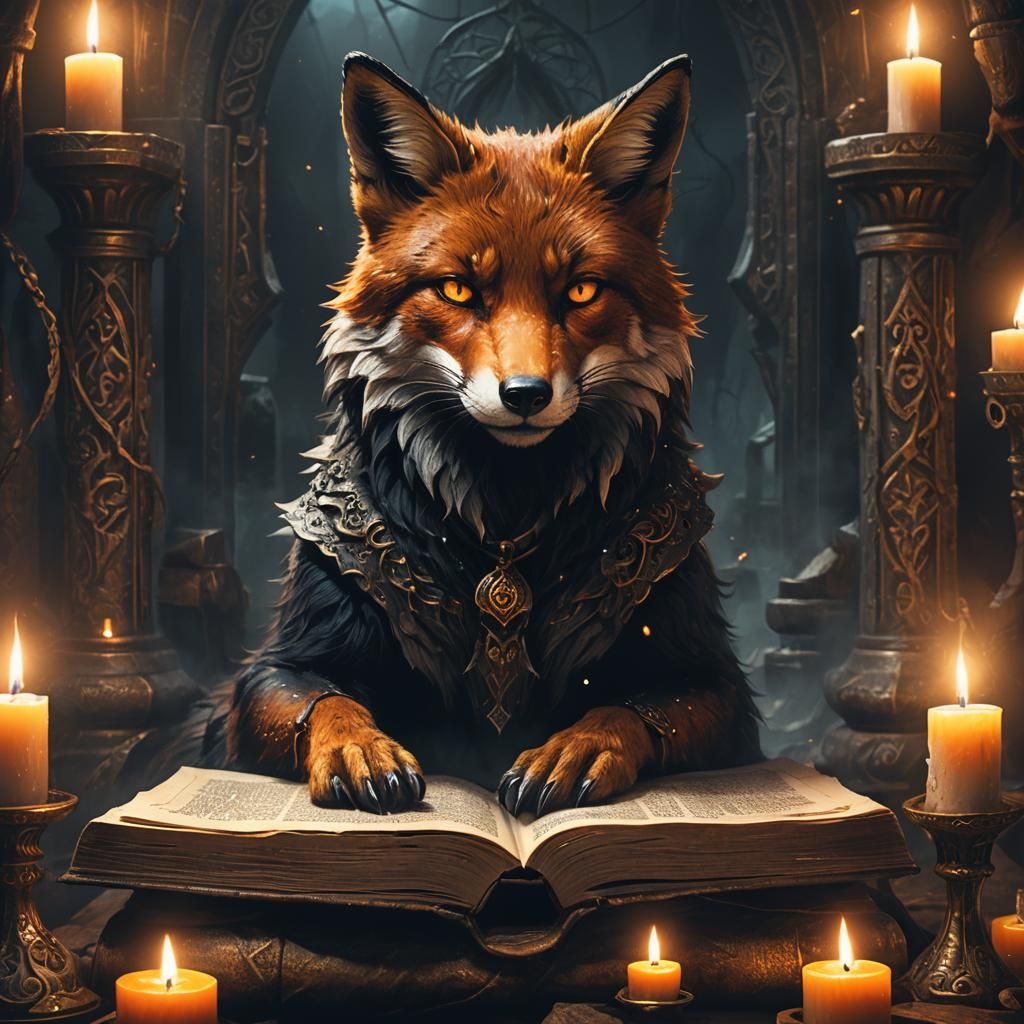 Mystical Fox on Ancient Tome, Dark Fantasy Art