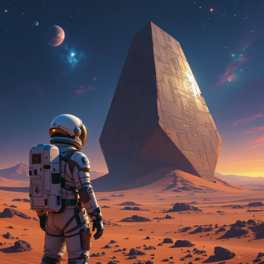 Retro-Futuristic Astronaut Gazing at Alien Artifact