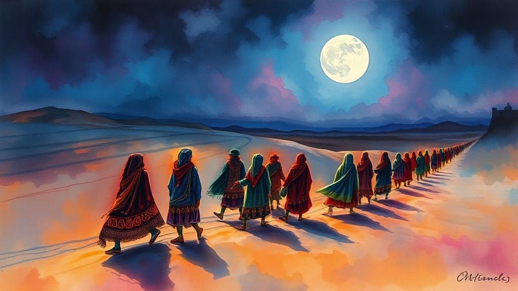 Moonlit Desert Caravan in Dynamic Watercolor Style