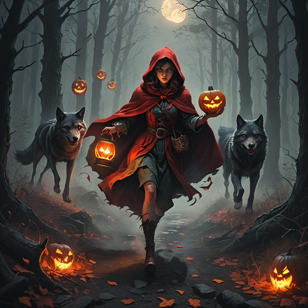 Little Red Riding Hood's Halloween Escape in Fantasy Art