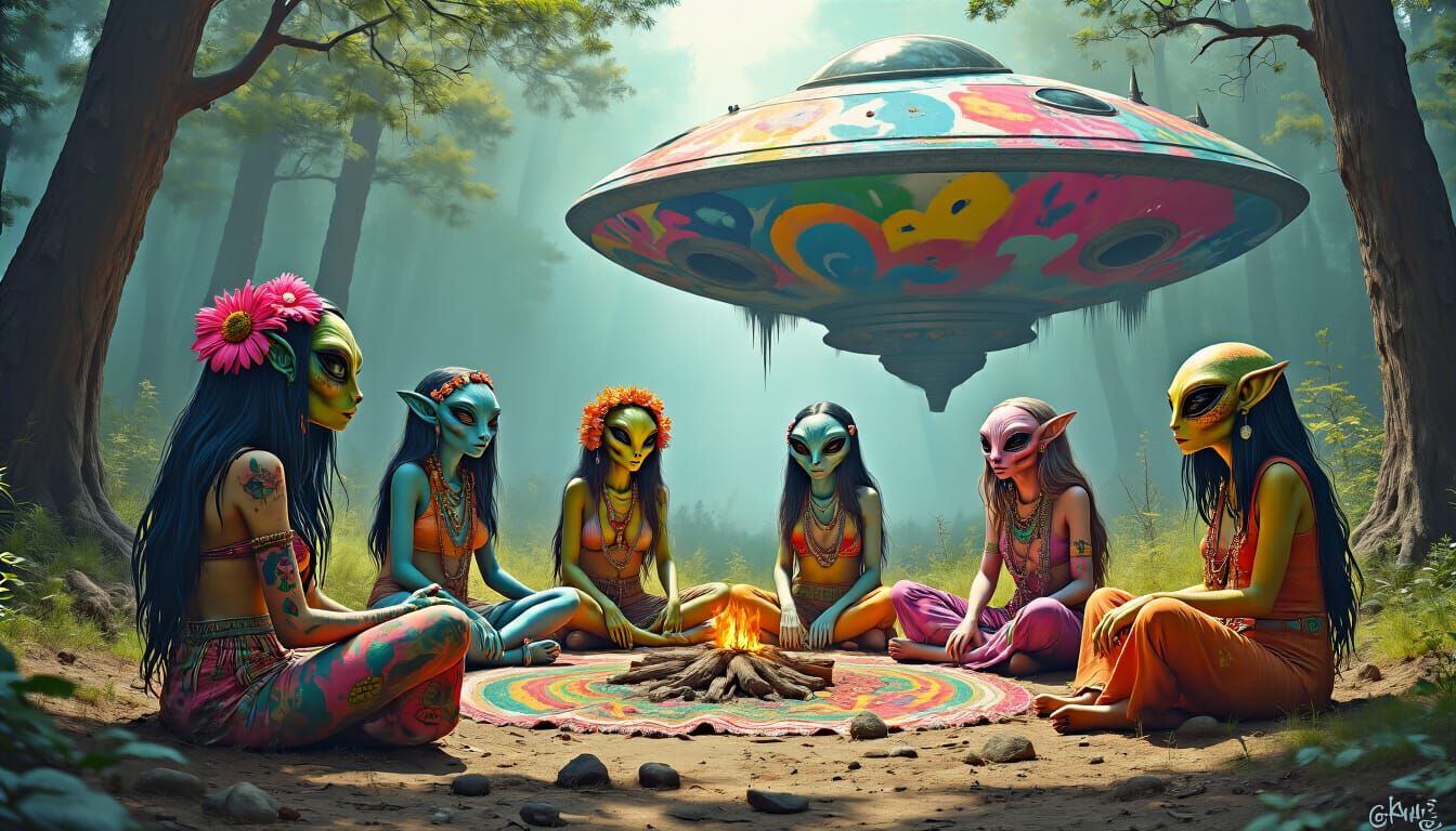 Alien Hippie Gathering in a Colorful Forest