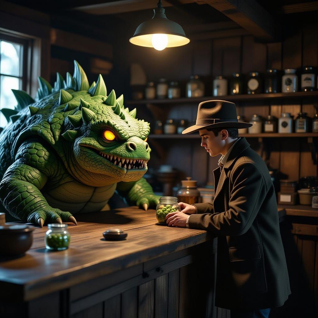 Rustic Encounter: Man and Scaly Creature