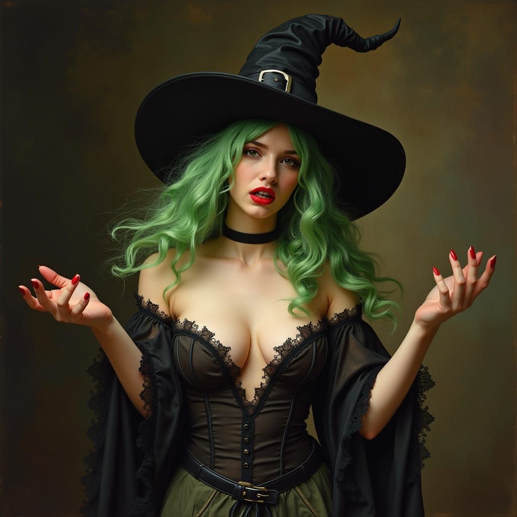 Sensual Witch in Green Hair and Dentelle