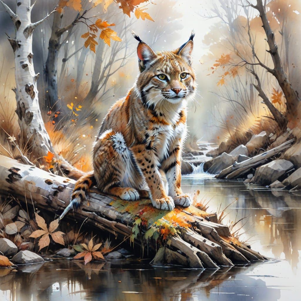 Bobcat on Fallen Tree in Autumn Stream