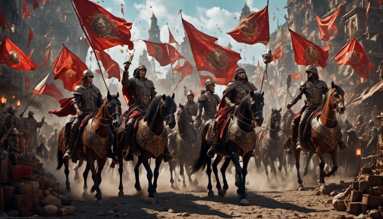 Bulgarian Warriors on Horses in Steampunk Style