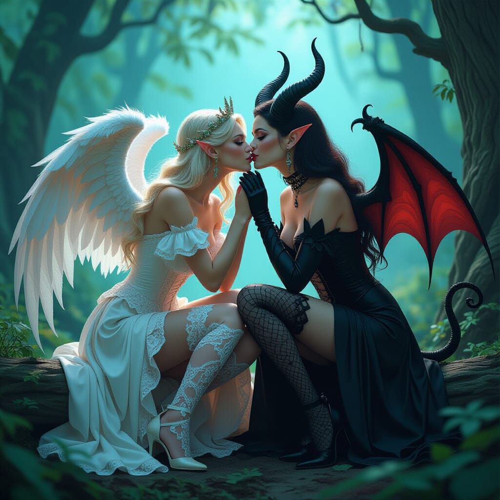 Angelic Lady Kisses Demon in Magical Forest