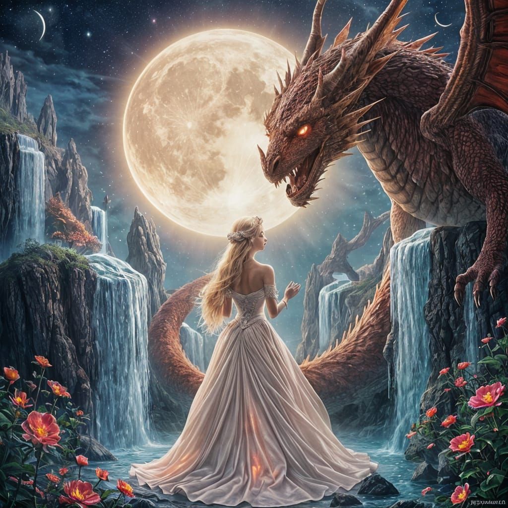 Red Dragon and Princess in Dreamlike Realm