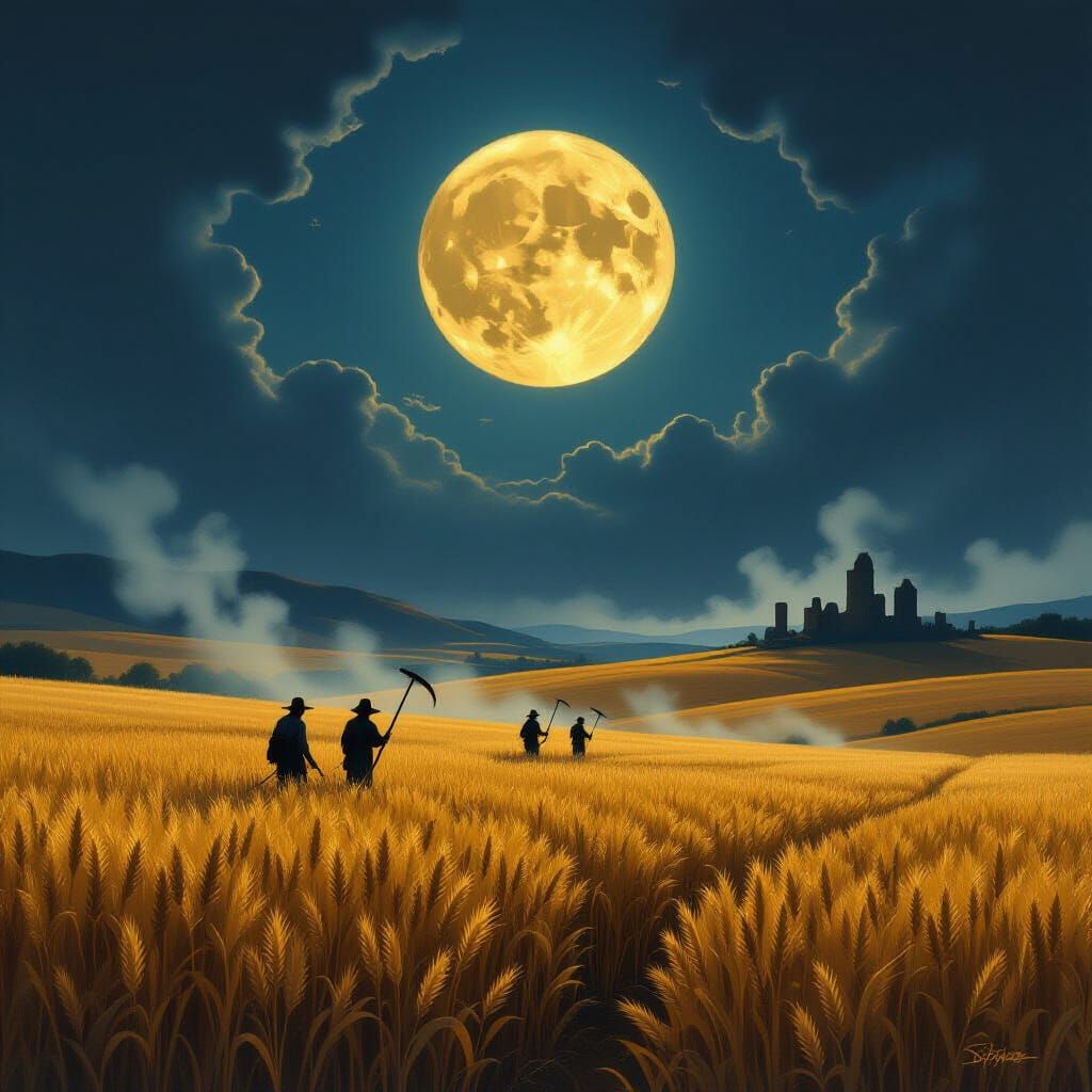 Harvest Moon Over Golden Fields with Farmers in Ethereal Lig...