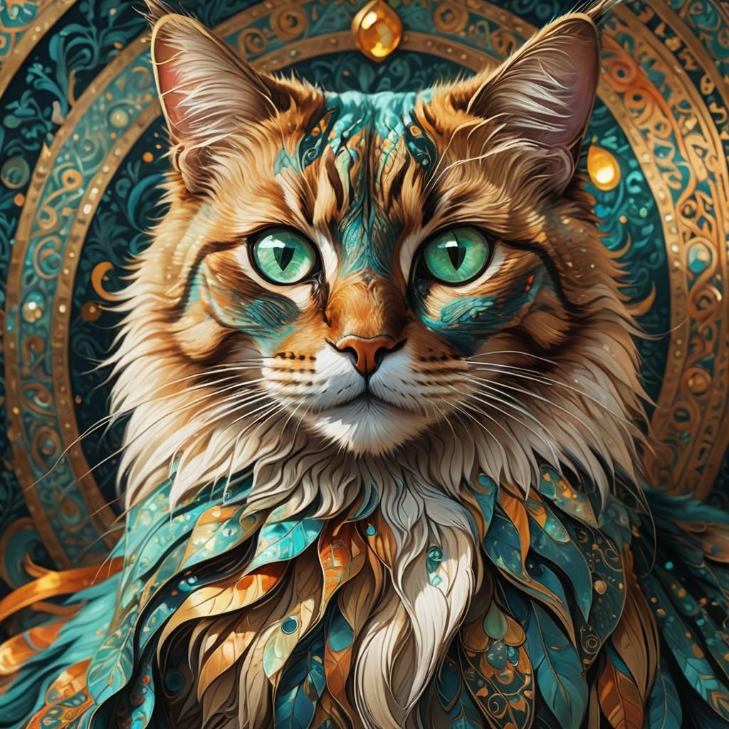 Iridescent Silk Cat Portrait in Art Nouveau Style