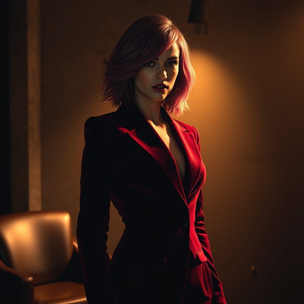 Androgynous Woman in Velvet Red Suit with Industrial Chic