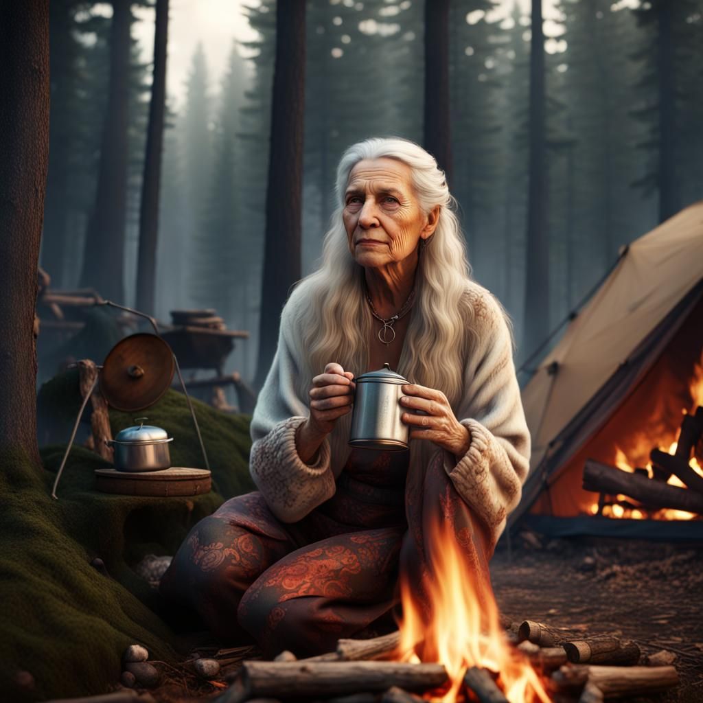 Woman by Campfire: Detailed Matte Painting