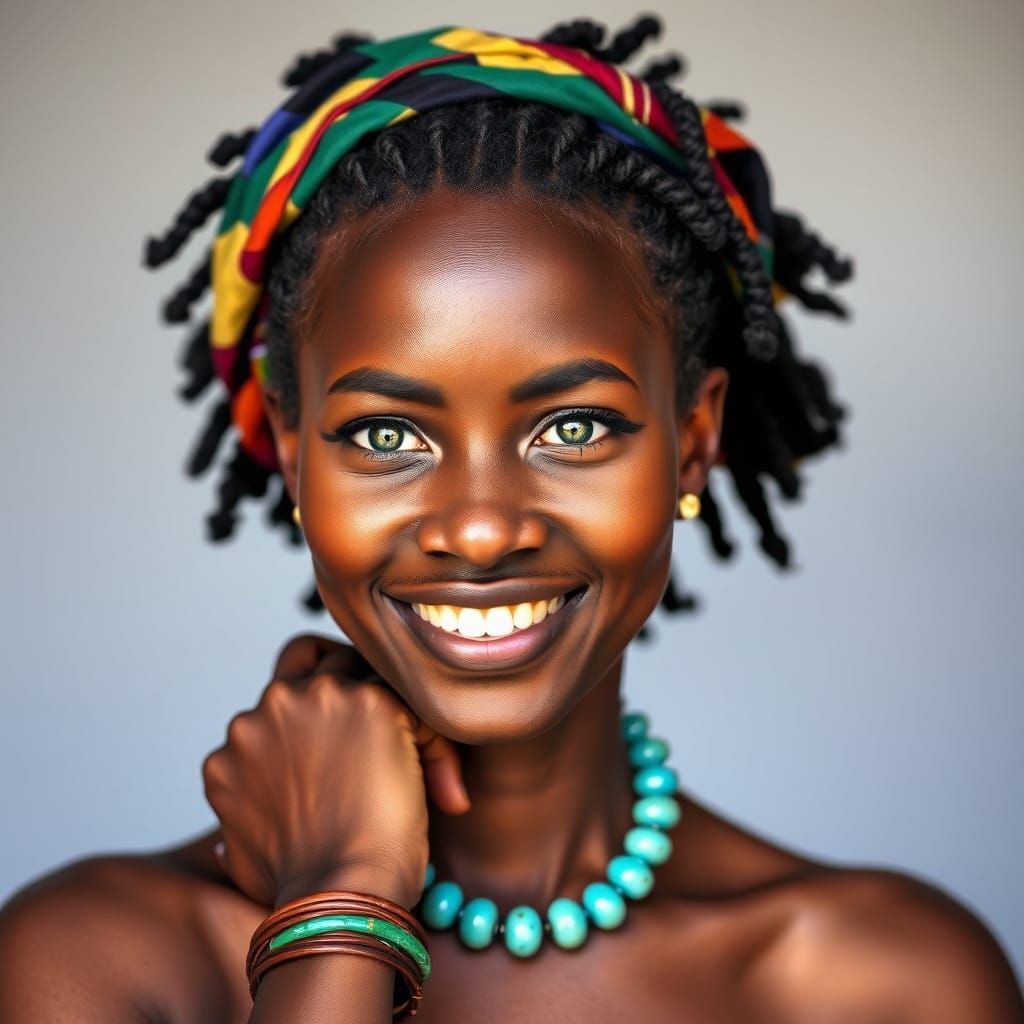 Sultry African Beauty with Emerald Eyes and Turquoise Jewelr...