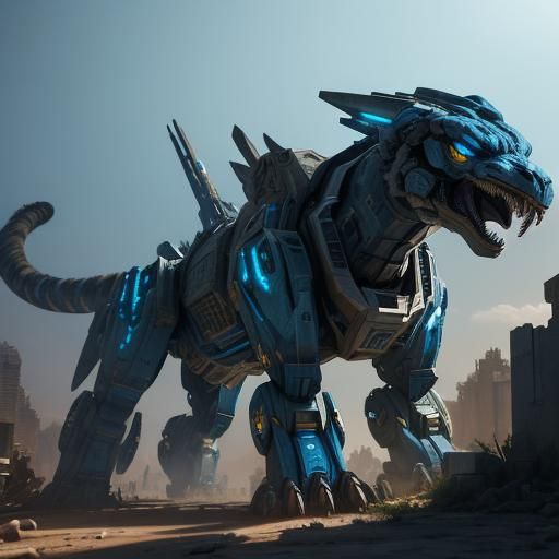 Mecha Tiger vs Velociraptor in Ancient Ruins