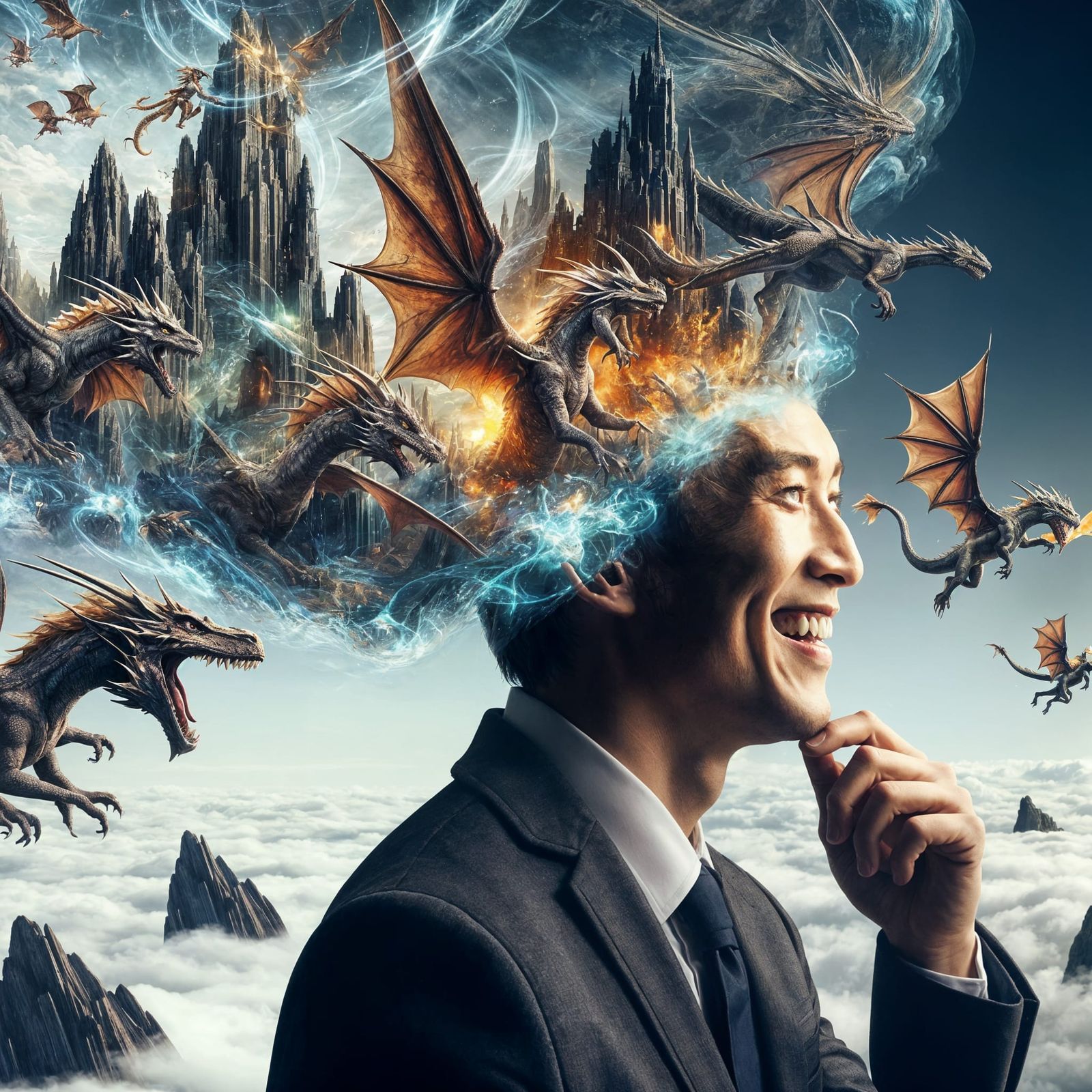 Surreal Fantasy World Emerging from a Businessman's Mind