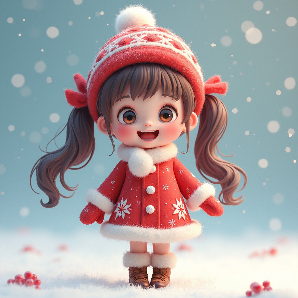 Cartoon Winter Girl with Big Eyes in Whimsical Style