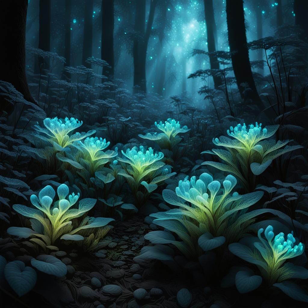 Bioluminescent Plants in Misty Forest: Digital Art