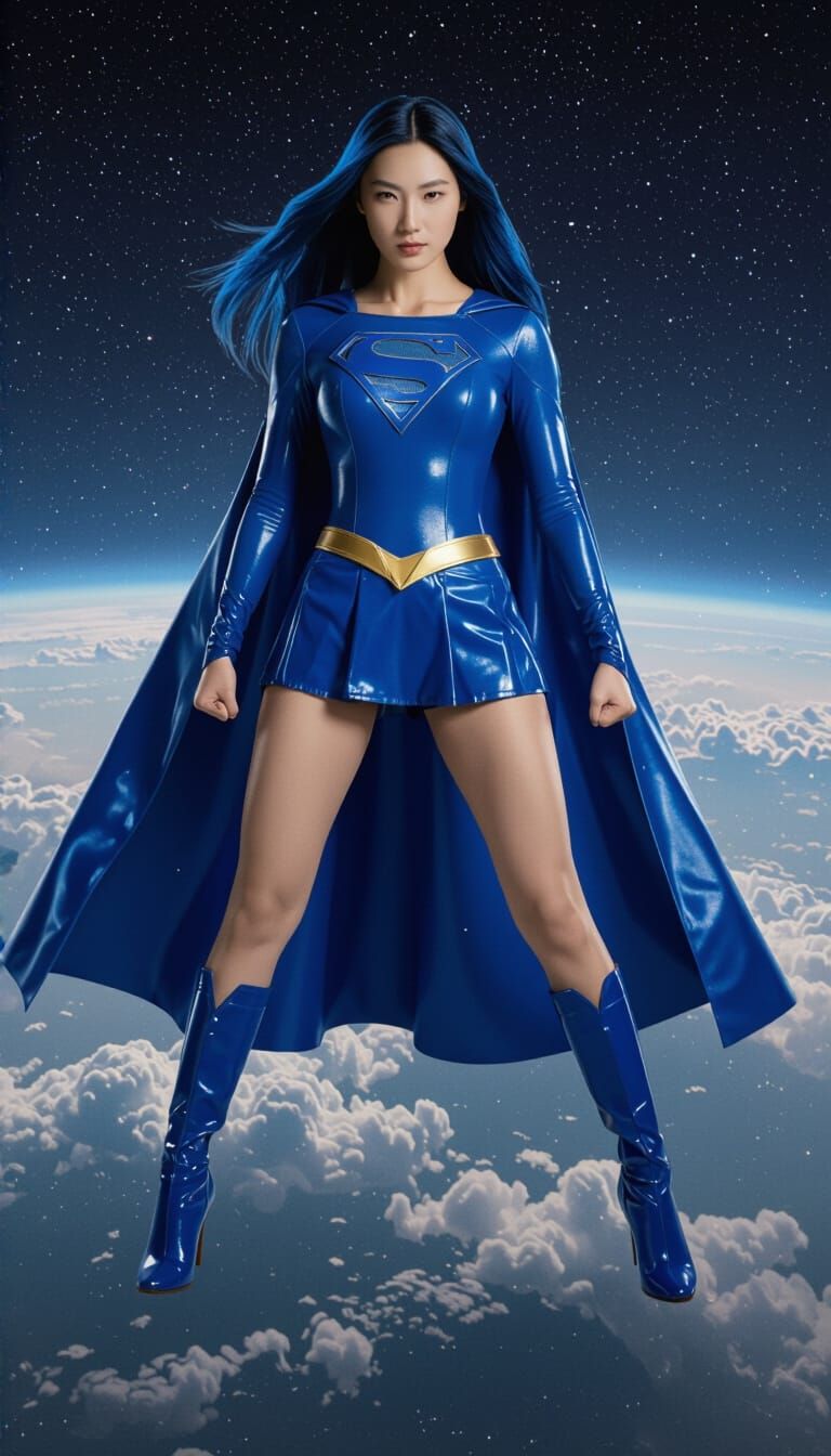Superwoman Lan Xing in Earth-Blue Suit Hovering Above Earth