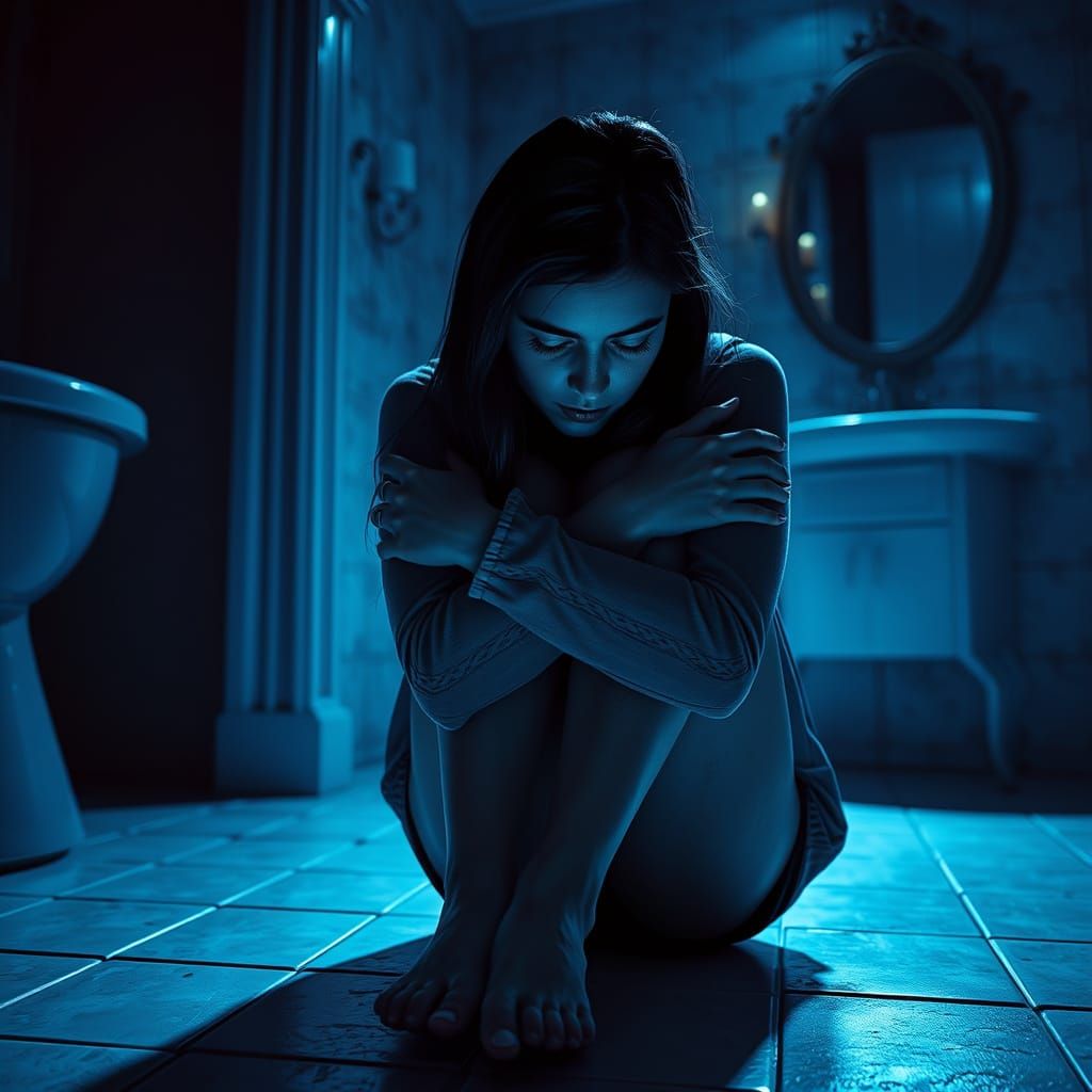 Young Woman in Emotional Turmoil, Trapped in a Haunted Bathr...