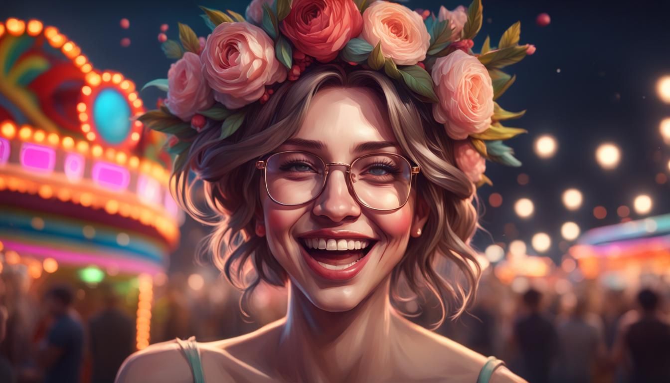 Woman Laughing at Fairground, Hyperdetailed Portrait