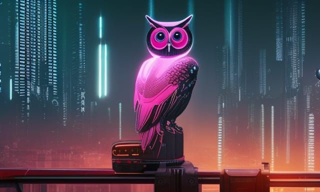Robotic Owl in Cyberpunk Cityscape with Neon Lighting
