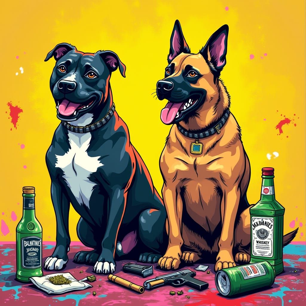 Vibrant Cartoon Artwork of Two Dogs in a Colorful, Graffiti-...