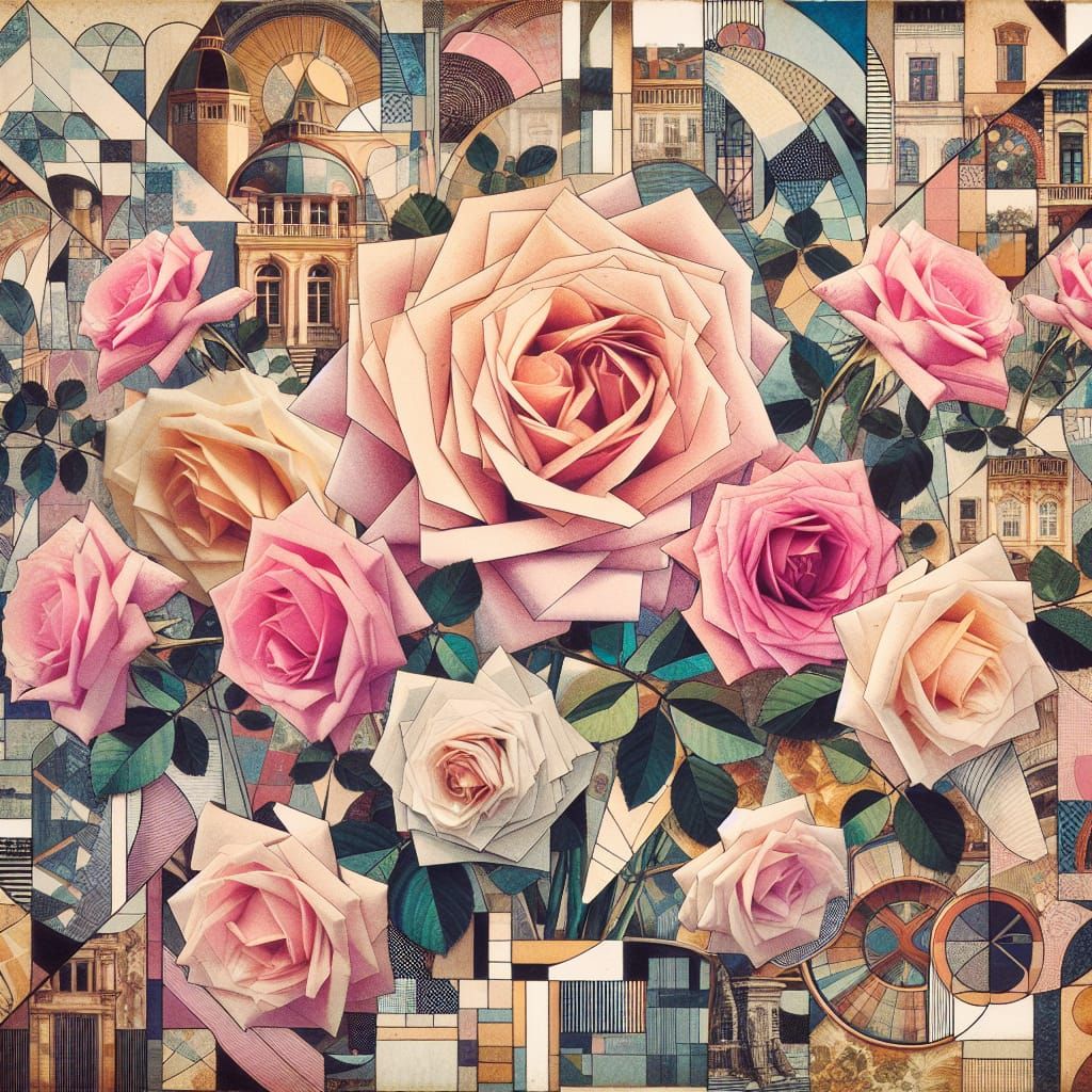 Abstract Rose Garden Collage in Cubist Style