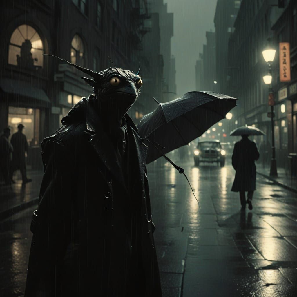 Film Noir Mantises in Rainy City Streets