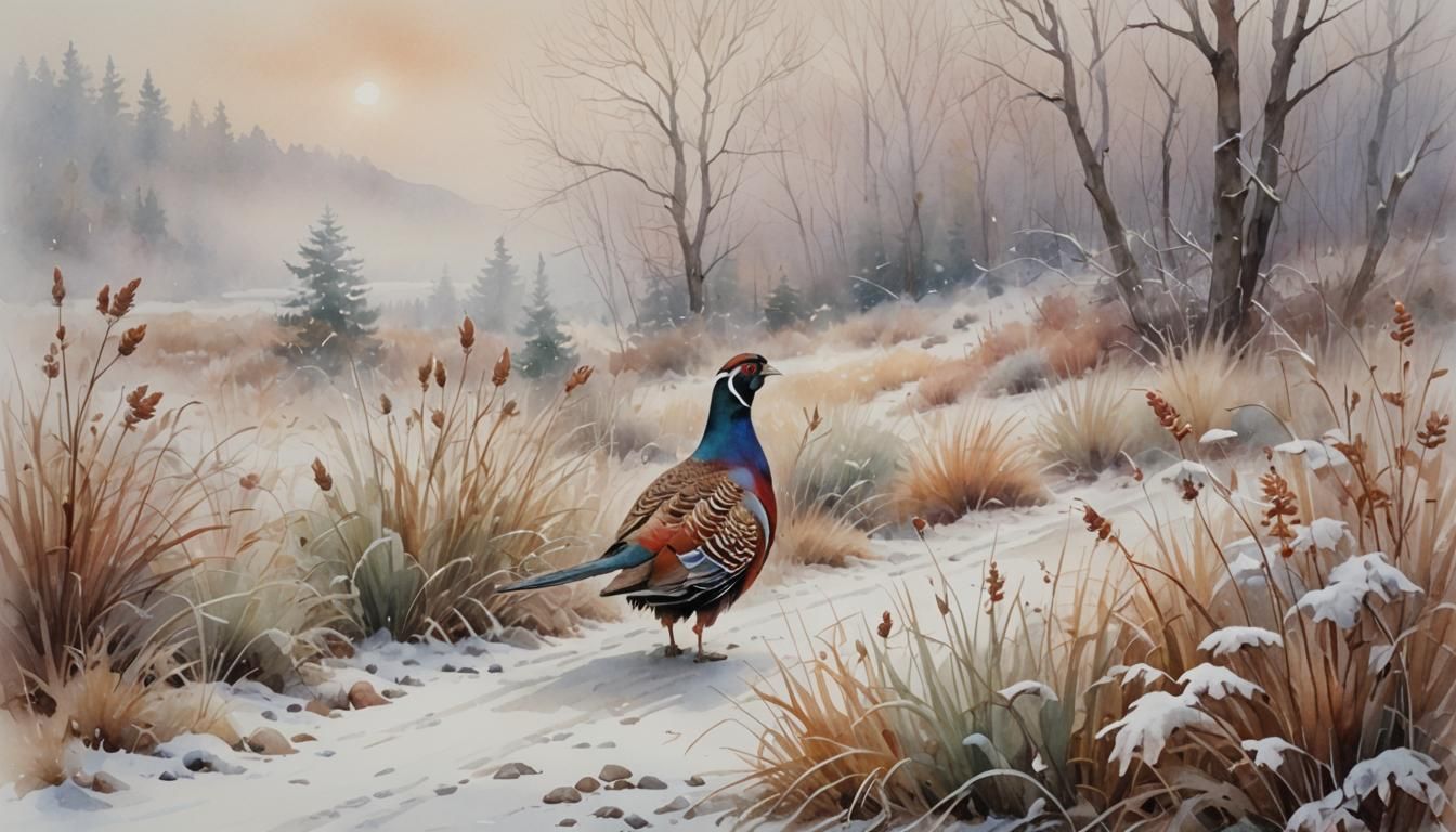 Pheasant and Partridge in Snowy Watercolor Landscape