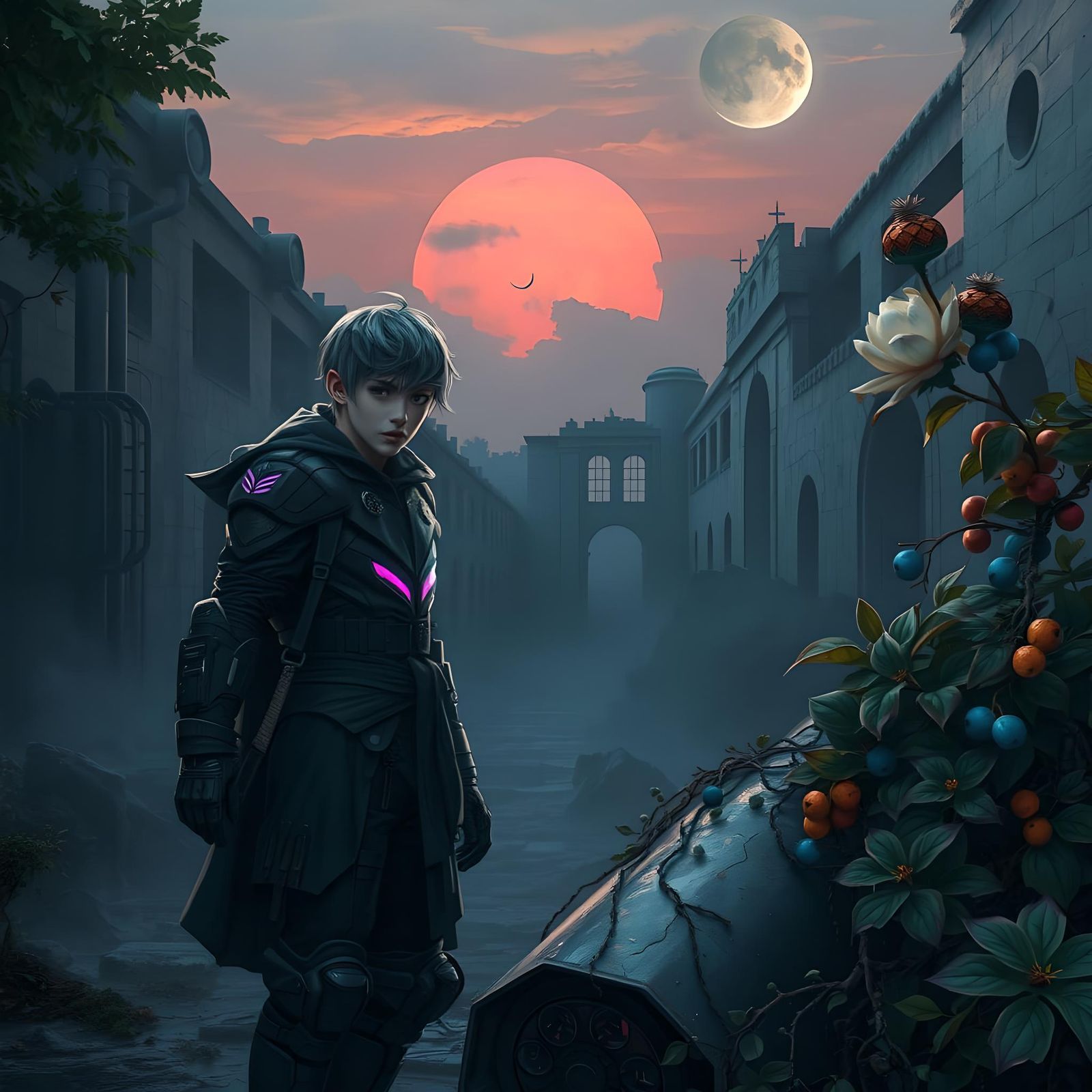 Dystopian Forest Scavenger Inspects Ruins as 3D Anime Art