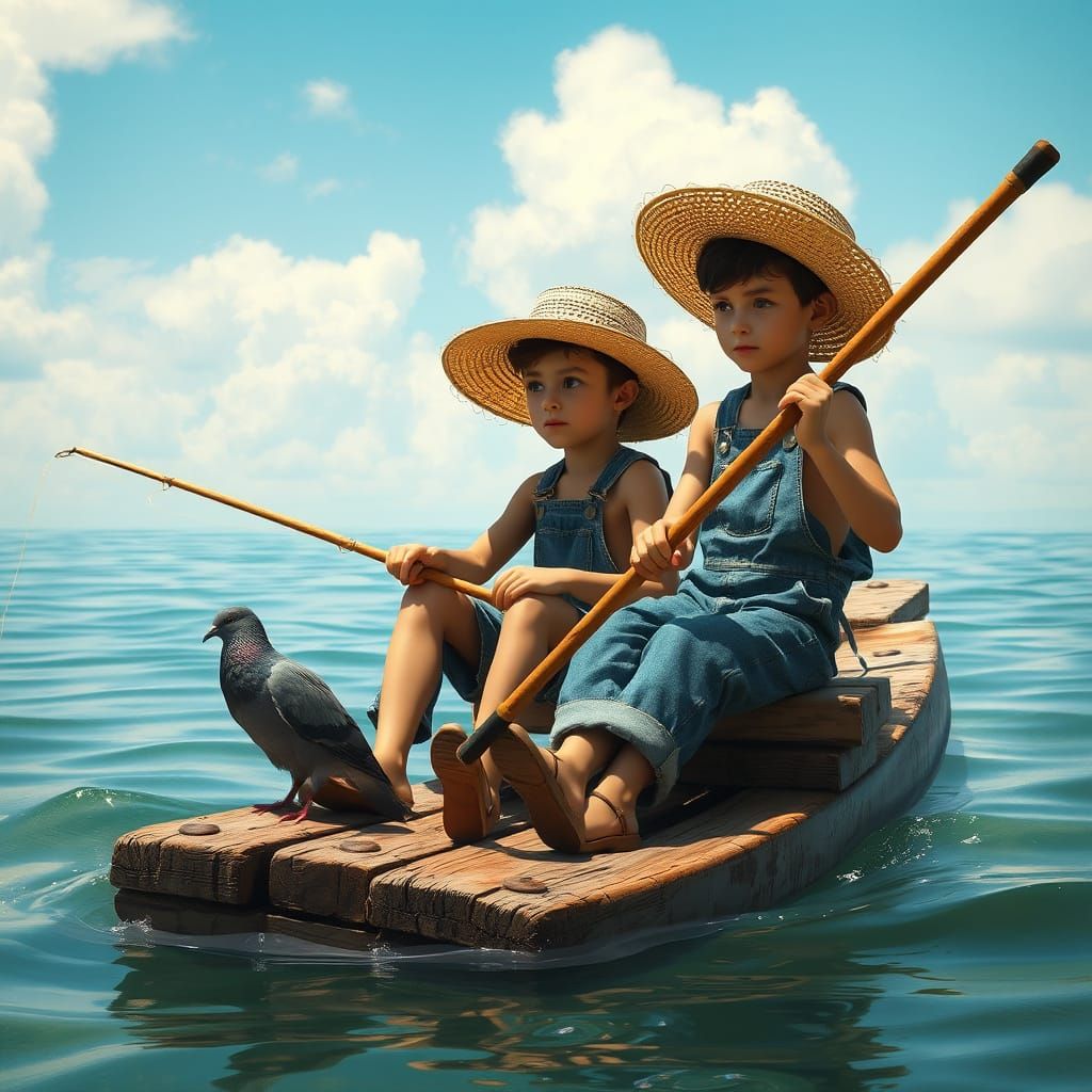 Boys Fishing on Raft: Dreamlike Matte Painting