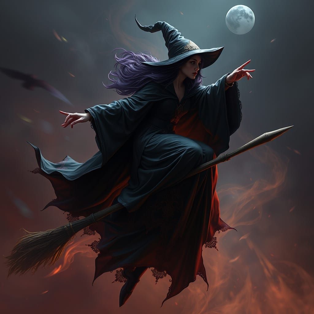 Witch on Broomstick in Dark Fantasy Style
